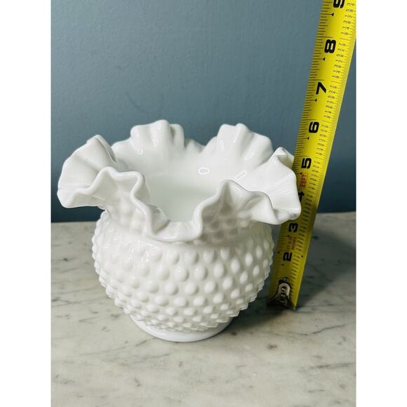 Vintage Fenton 6” Tall White Milk Glass Ruffled Edge Hobnail Bouquet Vase Bowl - Picture 3 of 10